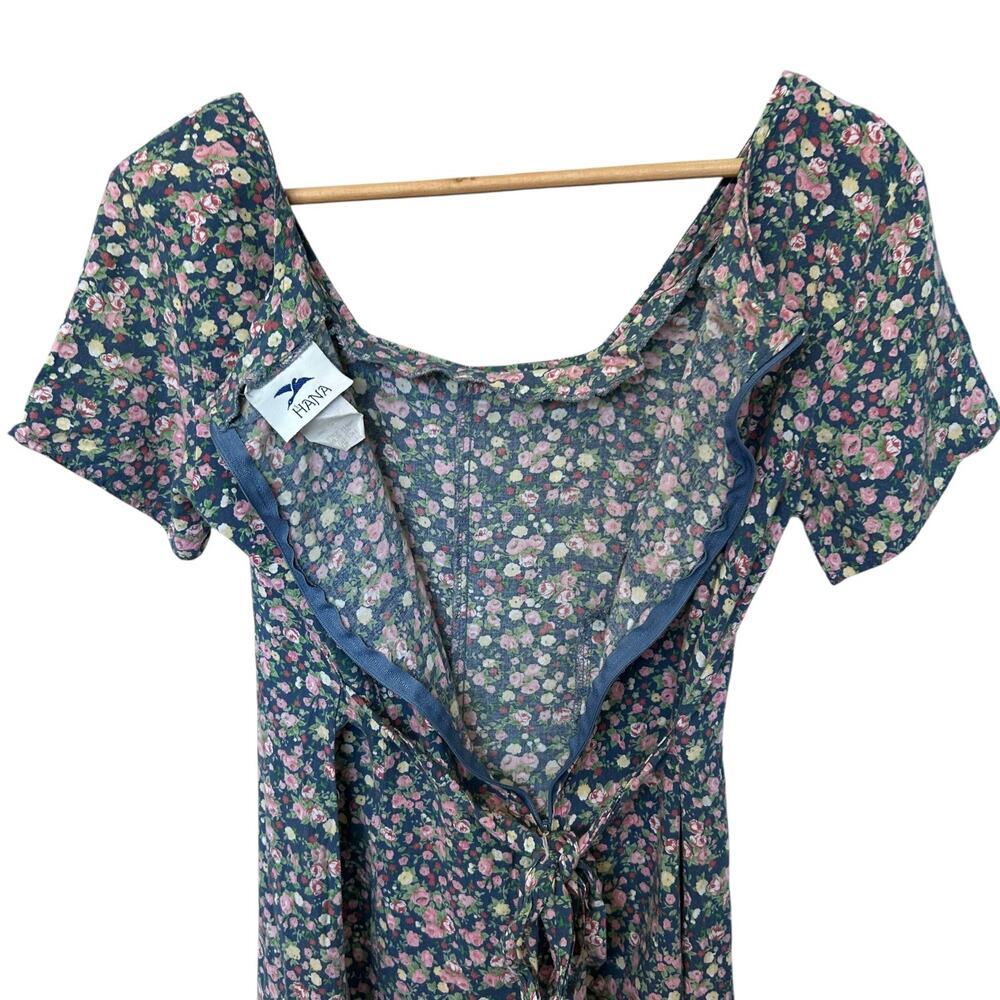 Vintage 90's Floral Rayon Romper Blue Pink Cottagecore Summer Mini size Large - Picture 4 of 9